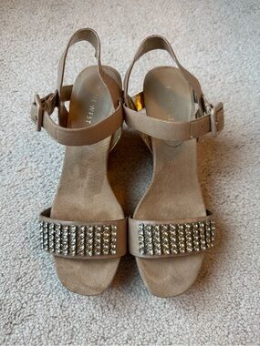 Nine West Taupe Suede Slingback Sandals with Crystal Studs
